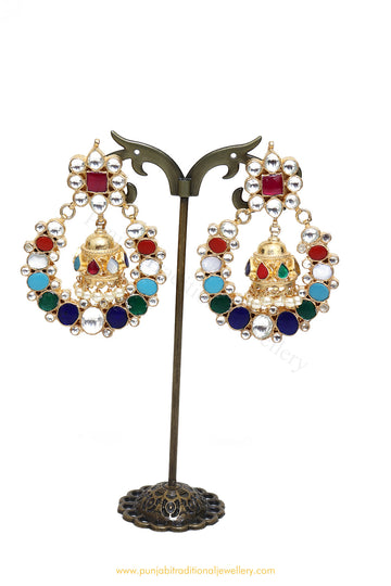 Gold Finished Kundan Navratan Earrings by PTJ